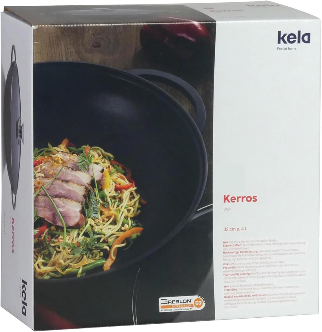 kela Wokpfanne mit Deckel 32 cm KERROS, 4l Wokpfanne Induktion, Aluguss beschichtet, Wok mit Deckel,