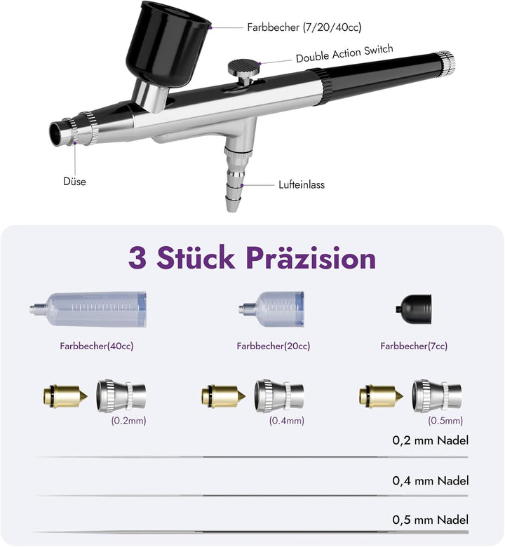 50 PSI Airbrush Set mit tragbarem Kompressor, Dual Action Multi Funktion Airbrush Set mit 0,2/0,4/0,
