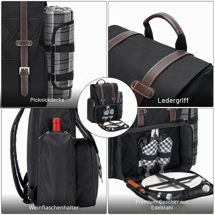 Picknick-Rucksack für 4 Personen mit grosser isolierter Kühltasche, Picknickkorb-Set mit Weinbeutel,