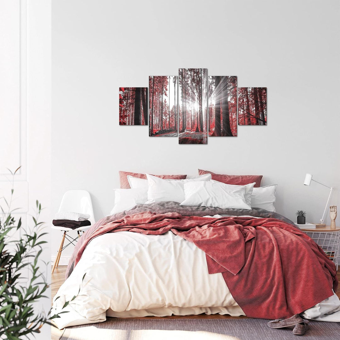 Runa Art Bild Schlafzimmer Wohnzimmer Wald Landschaft 5 Teilig Sonne Rot Wandbilder auf Vlies Leinwa
