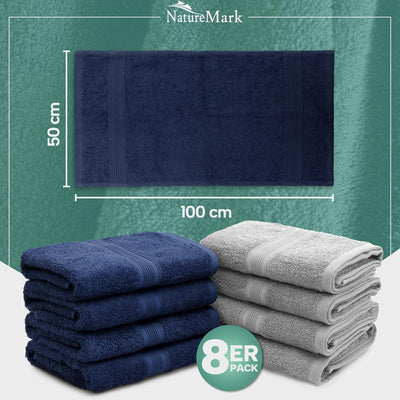 NatureMark NM-HT0842 Frottier Handtücher, 8-er Pack, 50 x 100 cm, 100% Baumwolle (Navy/Silber), Navy