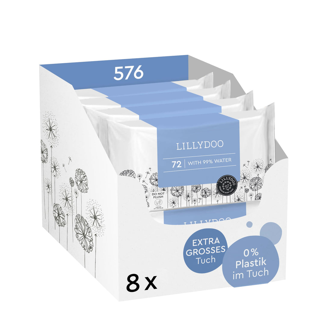 LILLYDOO Baby Feuchttücher mit 99% Wasser,extra grosses Tuch, 576 Stück (8 x72), 100% plastikfrei, o