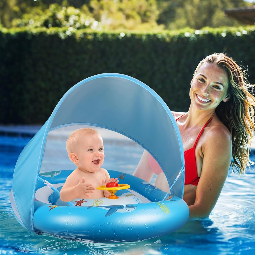 Baby Schwimmring mit Doppelkreis-Design | Extra Sicherer Schwimmsitz & Verstellbares Sonnendach | Mi