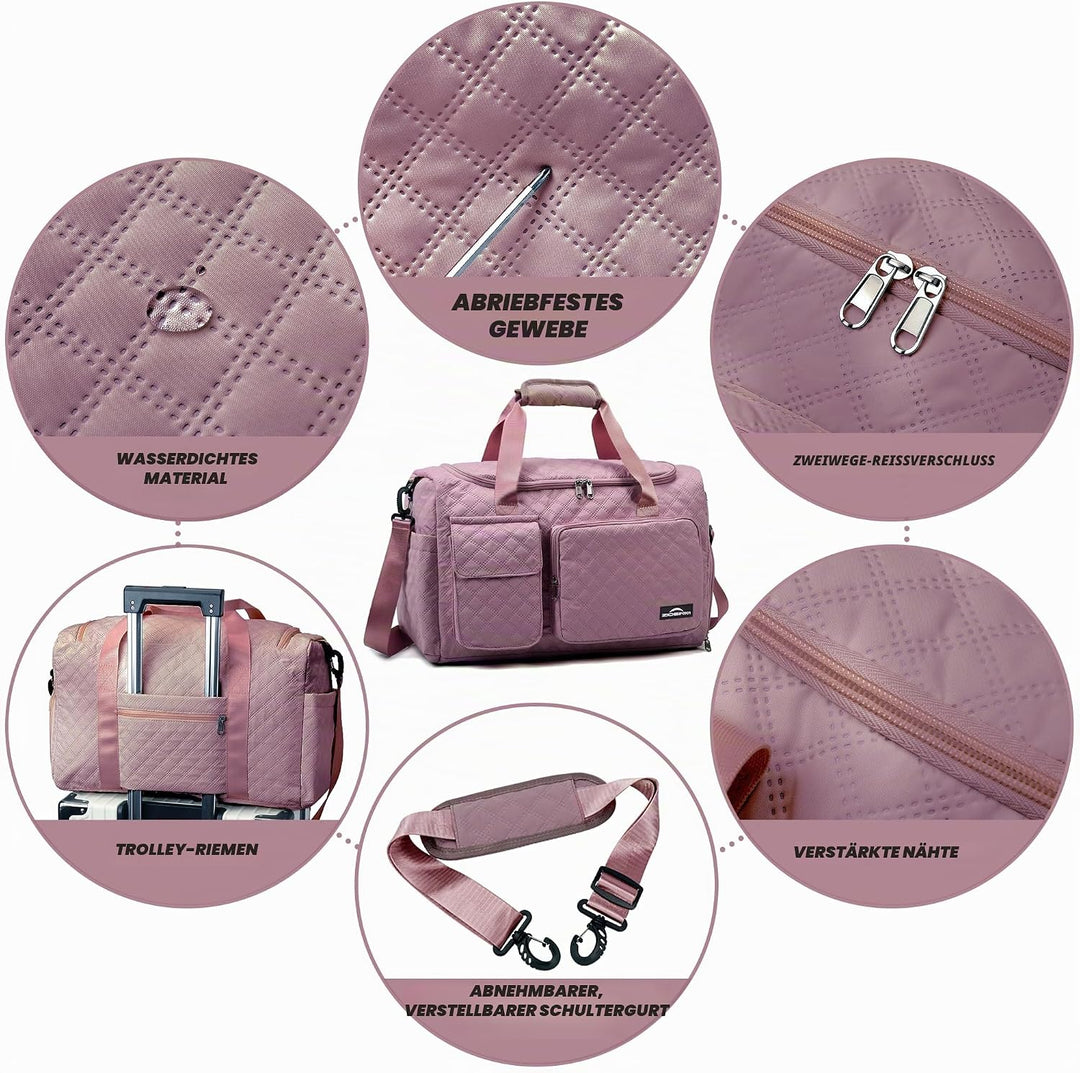Sporttasche Damen，Reisetasche mit Nassfach und Schuhfach Wasserdichter Handgepäck Tasche, Weekender