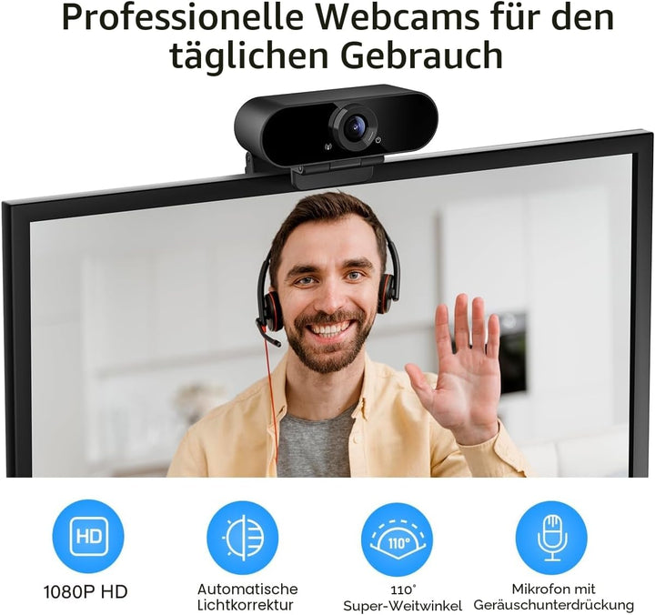 Smilodon 1080P HD Webcam, Pro, mit 110° Weitwinkel, Sichtschutz Abdeckung, Stativ, für Konferenzen,
