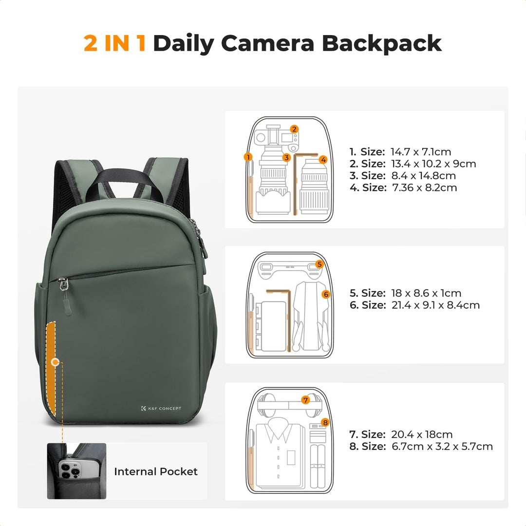K&F CONCEPT Täglicher Kamerarucksack, Fotorucksack Klein Tragbar mit Verstellbarem Schultergurt für