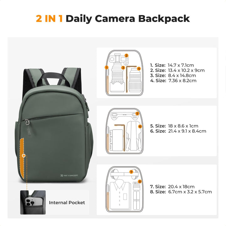 K&F CONCEPT Täglicher Kamerarucksack, Fotorucksack Klein Tragbar mit Verstellbarem Schultergurt für
