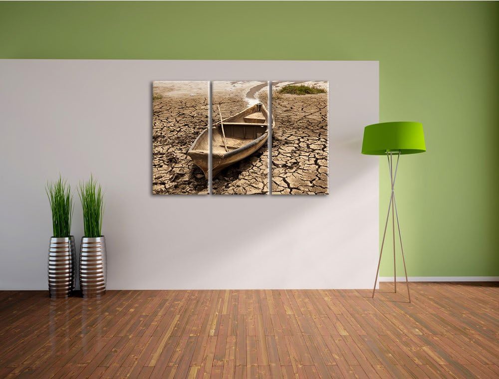 Boot in der Dürre als 3-Teiler Leinwandbild 120x80 Bild auf Leinwand, XXL riesige Bilder fertig gera