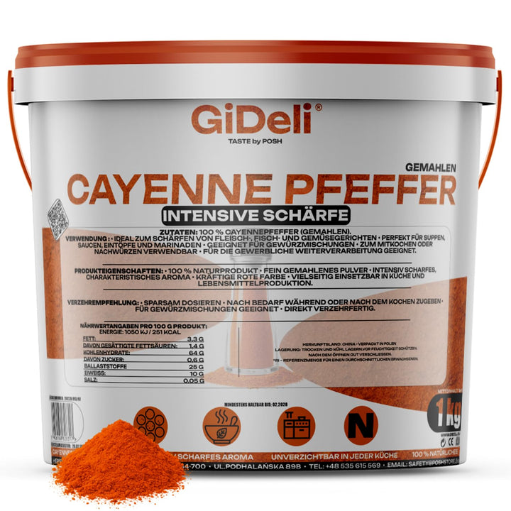 GiDeli Cayenne Pfeffer 1kg im Eimer - Fein Gemahlenes Chilipulver für Fleisch, Fisch, Suppen und Sos