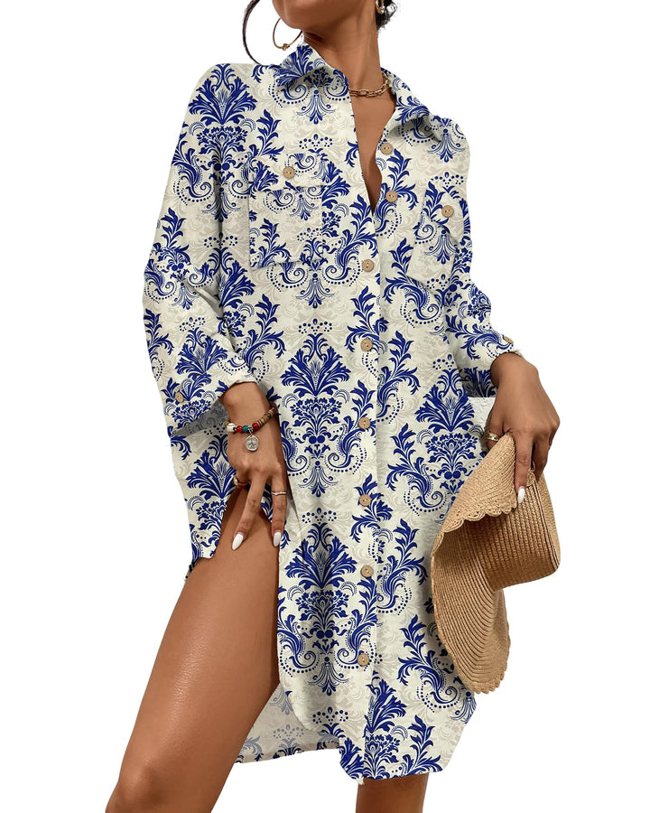 Bsubseach Damen Button Down Strandkleid V-Ausschnitt Badeanzug Resort Wear S Retro Blau, S Retro Bla
