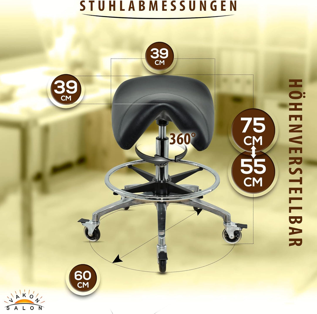 Premium Sattelhocker schwarz mit Bremse, Sattelstuhl für Rückenentlastung, Rollhocker höhenverstellb