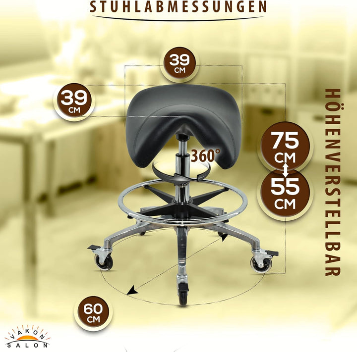 Premium Sattelhocker schwarz mit Bremse, Sattelstuhl für Rückenentlastung, Rollhocker höhenverstellb