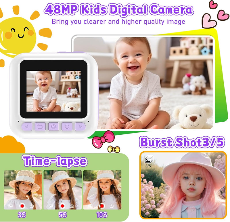 Kinderkamera Sofortbildkamera, 1080P Digitalkamera Kinder mit 32GB Karte, 2.4” Kamera Sofortdruck Ki