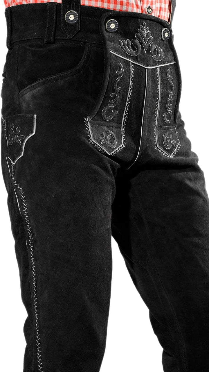 Bayerische Premium Herren Trachten Lederhose, Trachtenlederhose mit Trägern, original in Dunkelbraun
