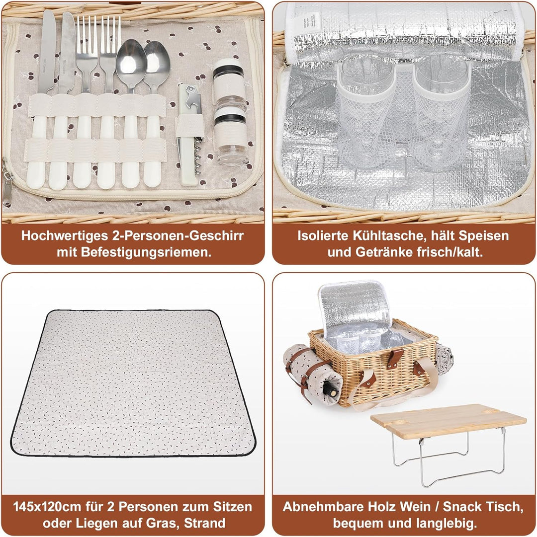 Picknickkorb-Set mit Mini-Klapptisch und Besteck-Set, Picknickkorb für 2 Personen mit kühltaschen, F