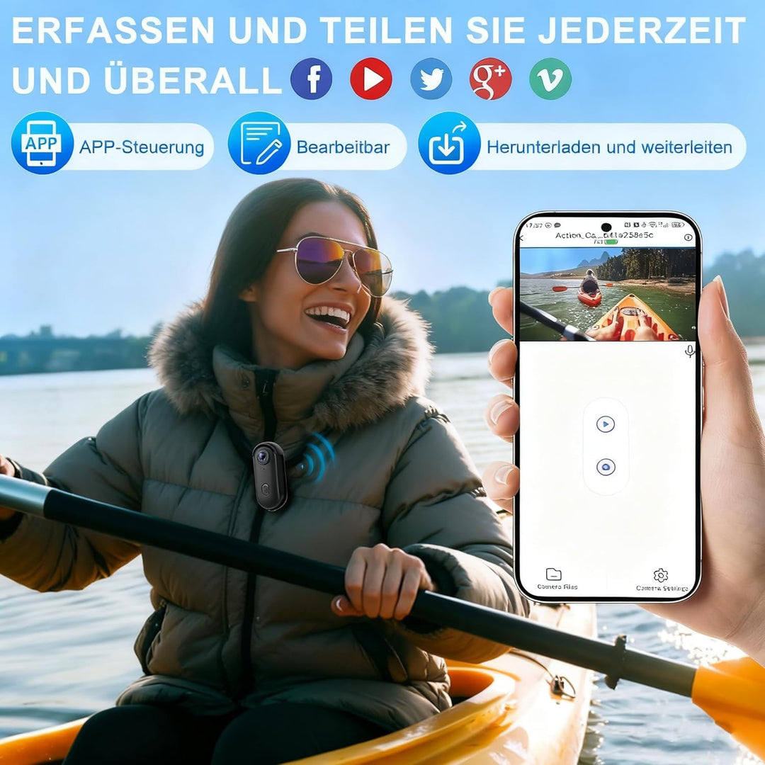 Action Cam - 4K 64GB Bodycam mit Wasserdicht 30m, Freihand-POVs, APP-Videoclip, Magnetisch, 120° Wei