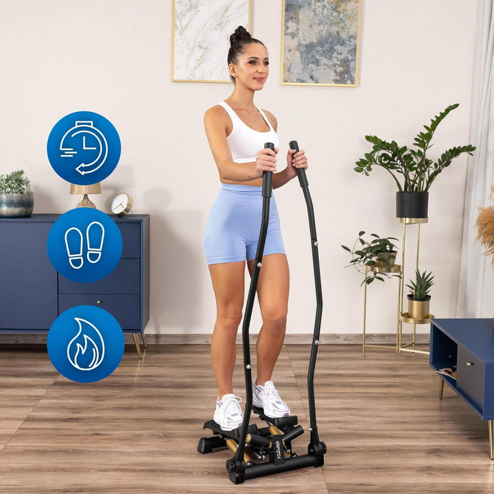 Gymtek Stepper, Drehstepper mit Haltegriffen & Expanderbänder - mit LCD-Bildschirm, Schrittzähler un