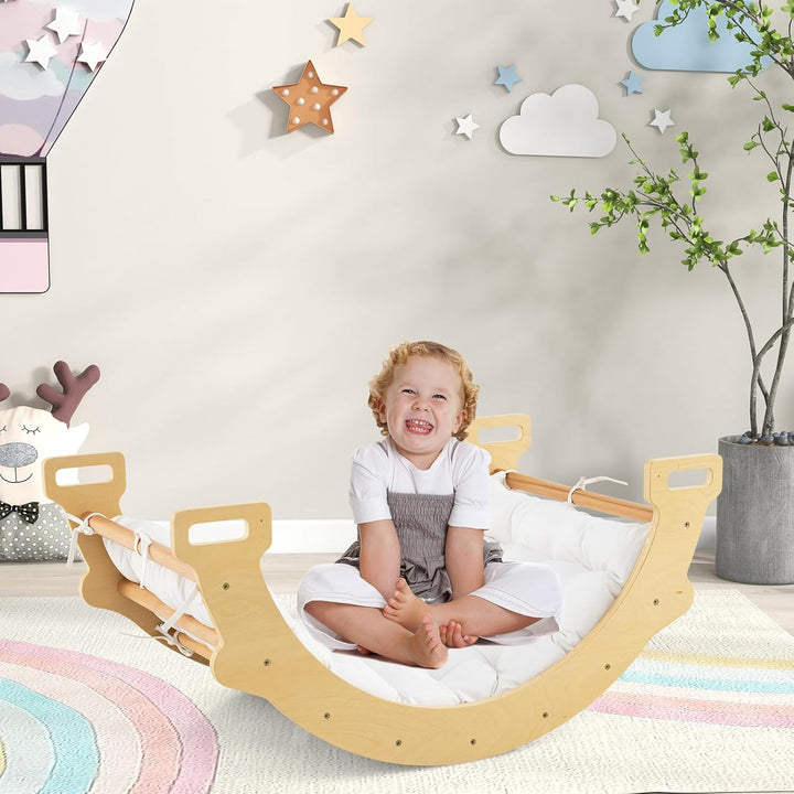 GOPLUS Kinder Kletterbogen mit Kissen, Kletterdreieck Indoor aus Holz, Klettergerüst zum Wippen und