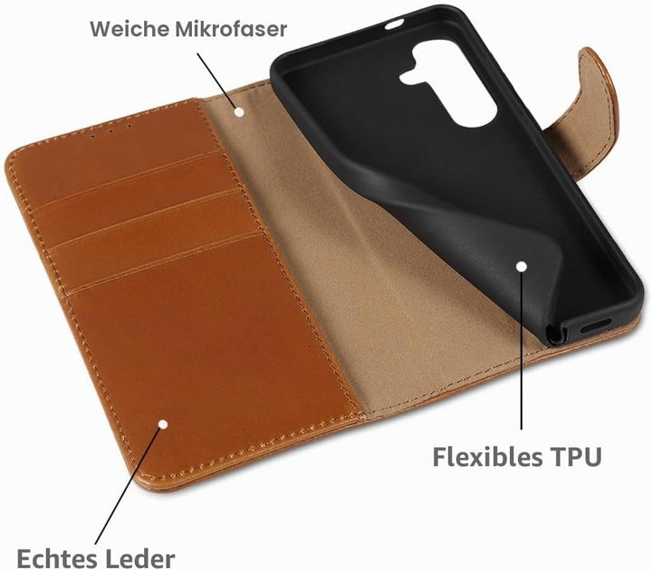 LENSUN Lederhülle für Samsung Galaxy S25 Echtleder, Handyhülle [Brieftasche][RFID Schutz][Standfunkt