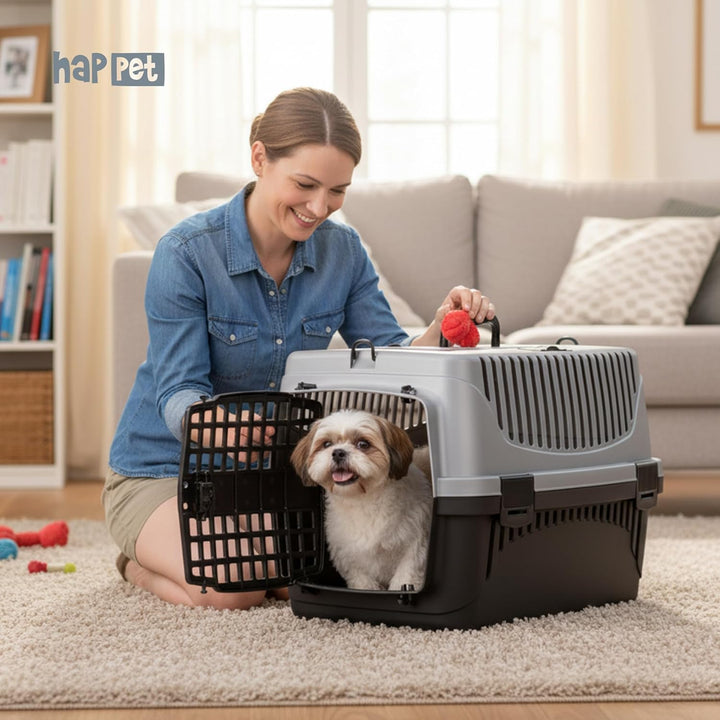 HAPPET Tiertransportbox Polly M Grau & Schwarz 55x36,5x33 cm – Robuste, gut belüftete Transportbox a