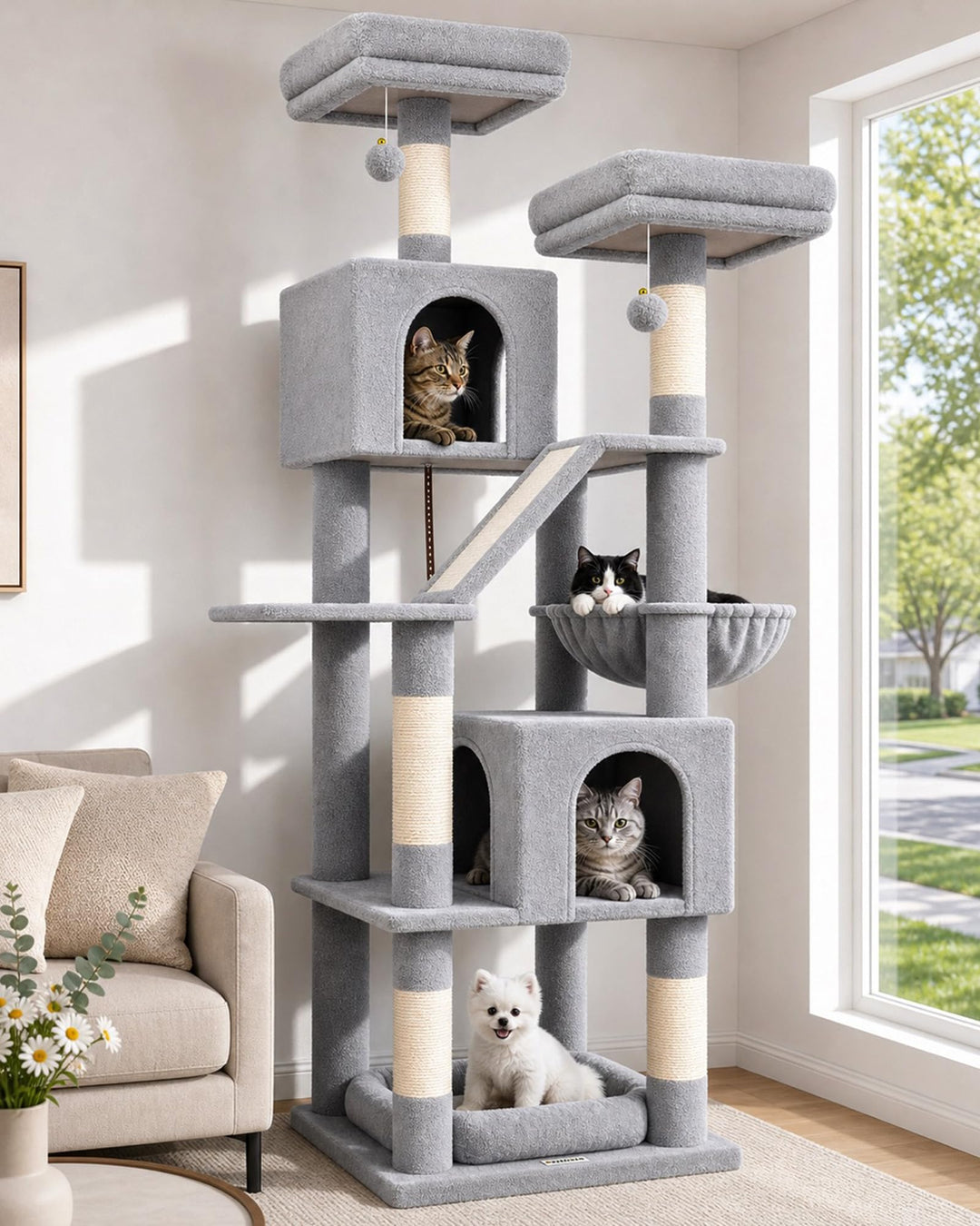 Globlazer F74D Kratzbaum Gross XXL Ecke Stabil 190cm fur 2-4 Katzen | Katzenbaum mit 2 Katzenhaus, 2