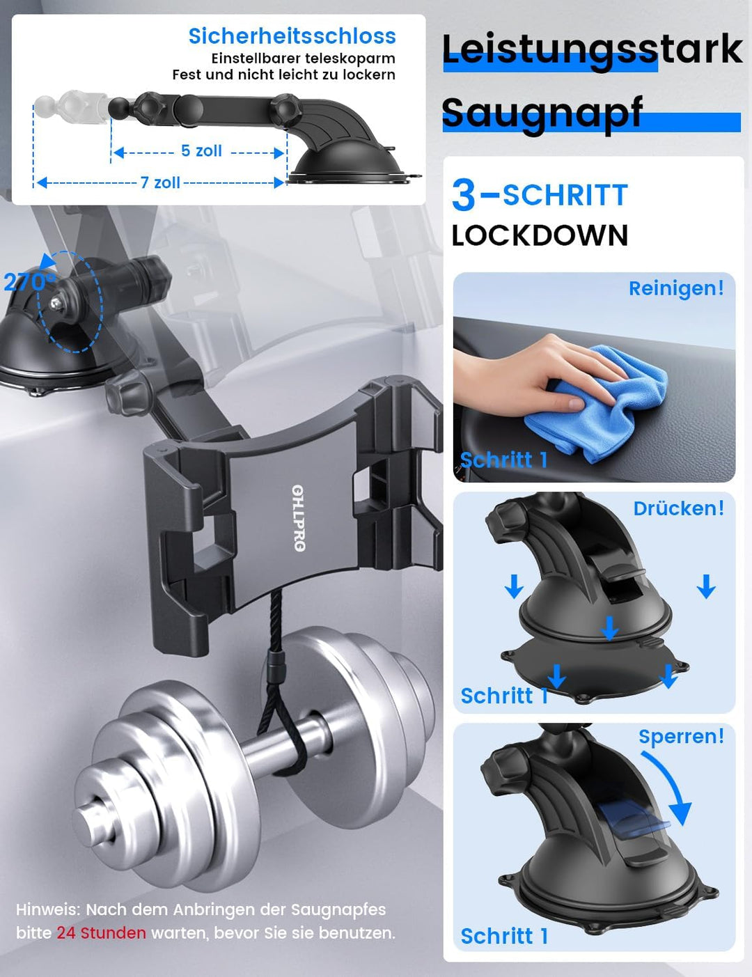 OHLPRO Tablet Halterung Auto,360° Drehung Tablethalterungen 18cm Ausziehbare Arm+ Waschbar Saugnapf,