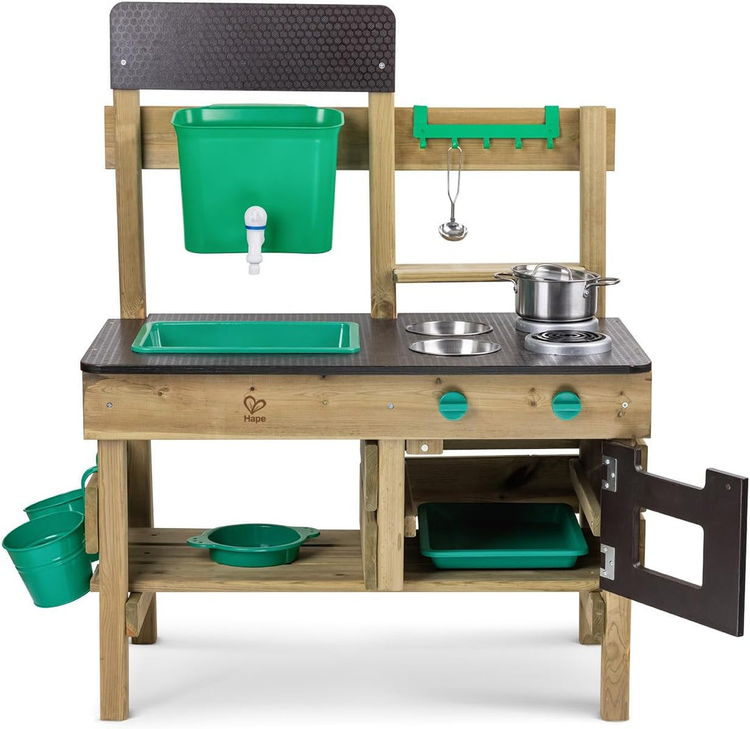 Hape Nature Fun Outdoor Spielküche - mit viel Zubehör aus Holz und pflanzlichem Kunststoff, Matschkü