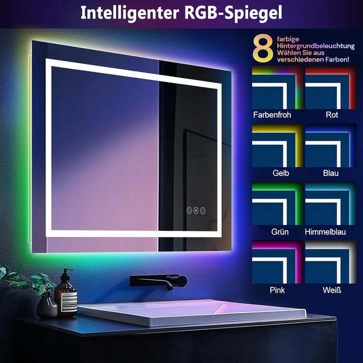 Badspiegel mit Beleuchtung | 3-Farben & RGB-Led Spiegel-Dimmbar | Anti-Beschlag | 50x70 cm | IP65 Wa