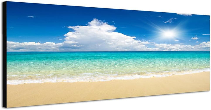 Paul Sinus Art Panoramabild auf Leinwand und Keilrahmen 150x50cm Sandstrand Meer Wolken Sonne Sommer