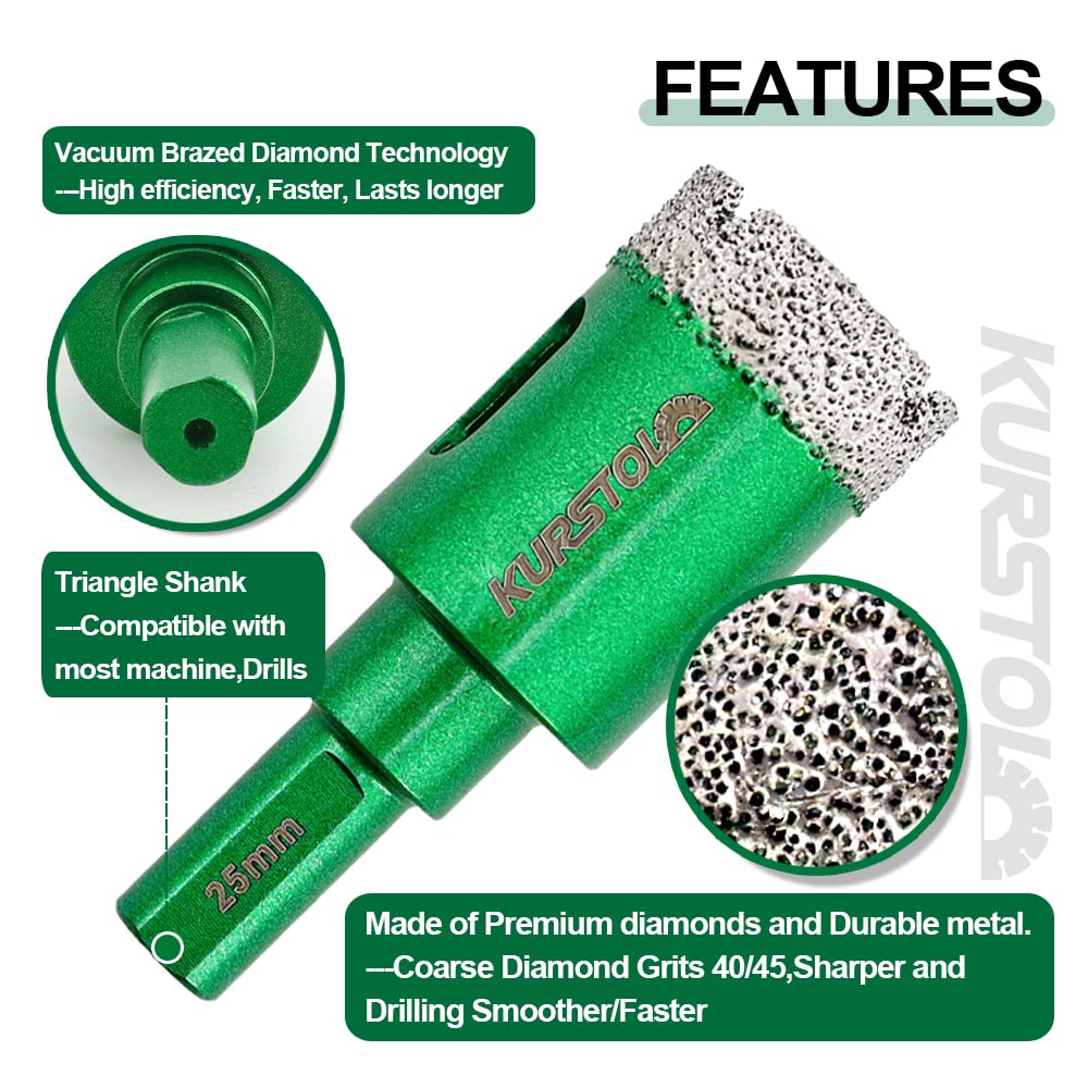 KURSTOL Diamant-Bohrkrone Kit - Diamantbohrer Dreikant Schaft 6/8/10/20/25/28/35/45/50/65mm+35mm Dia