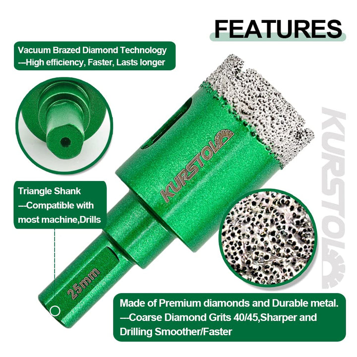 KURSTOL Diamant-Bohrkrone Kit - Diamantbohrer Dreikant Schaft 6/8/10/20/25/28/35/45/50/65mm+35mm Dia
