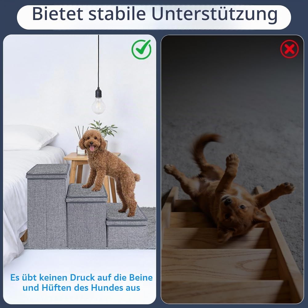 AKOZLIN Hundetreppe mit Stauraum, Haustierleiter, Haustiertreppe für kleine bis grosse Hunde 3 Stufe