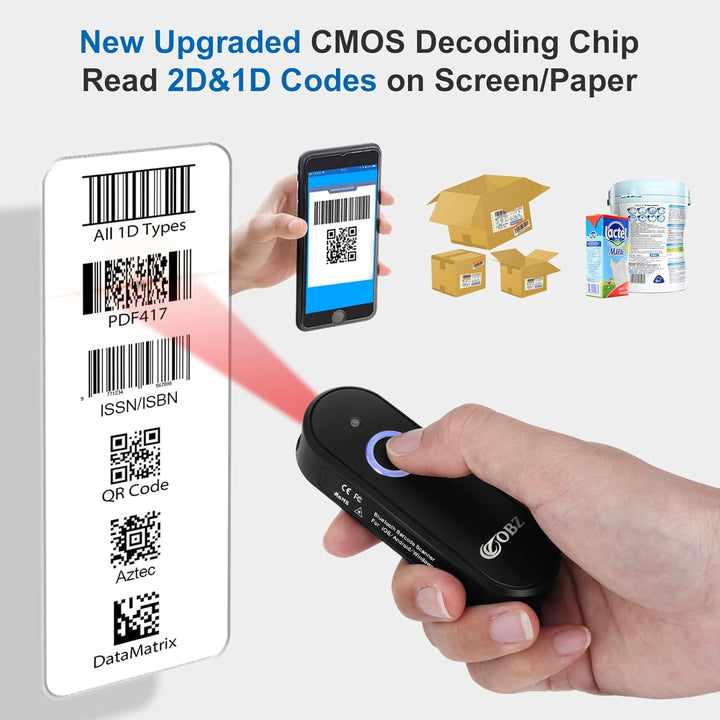 OBZ Mini Bluetooth Barcode Scanner Kabellos, 1D 2D Wireless QR Code Scanner 3-in-1 (USB/Bluetooth/2.