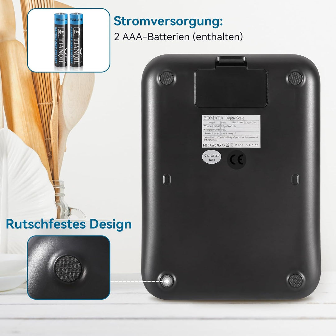 BOMATA Wasserdichte IPX6 Küchenwaage, 0,1g hohe Präzision, 5kg, digitale Waage mit Hintergrundbeleuc