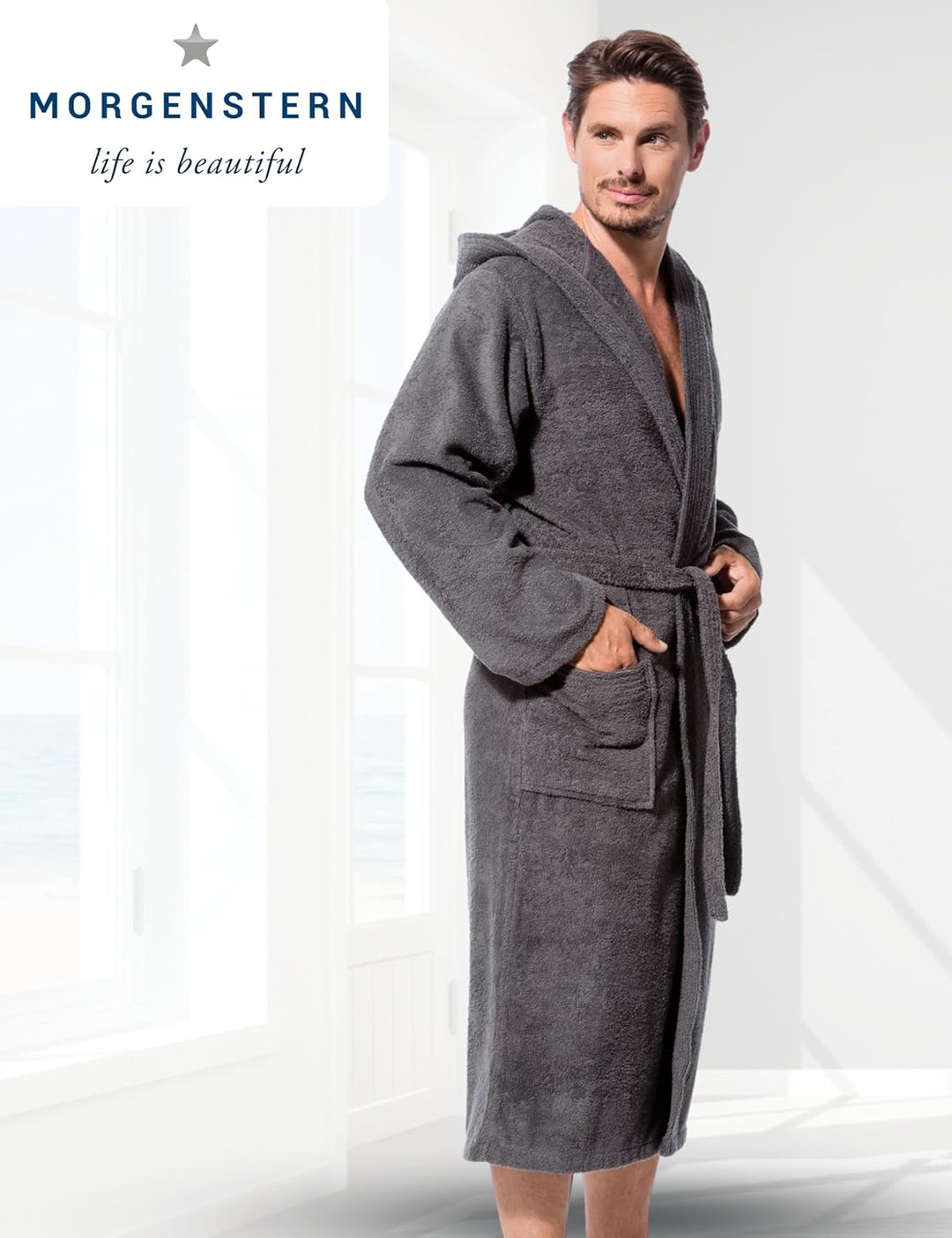 Morgenstern Bademantel Herren Kapuze Frottee 100% Baumwolle Lang Cadiz Salamanca L Grau, L Grau