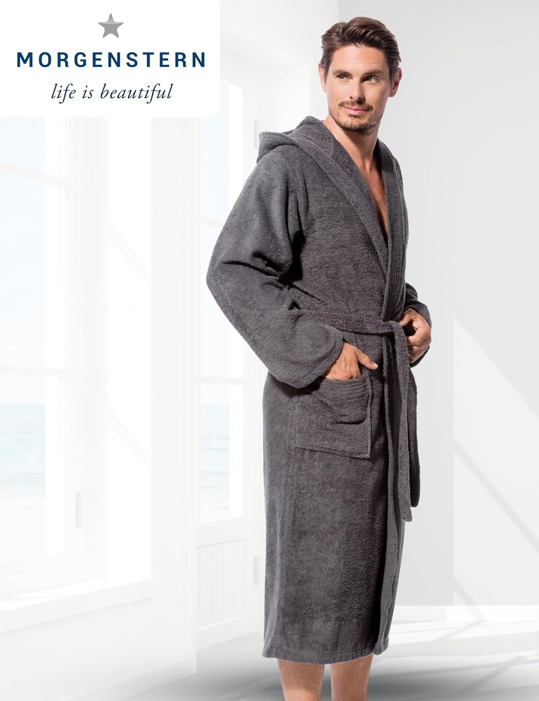 Morgenstern Bademantel Herren Kapuze Frottee 100% Baumwolle Lang Cadiz Salamanca L Grau, L Grau