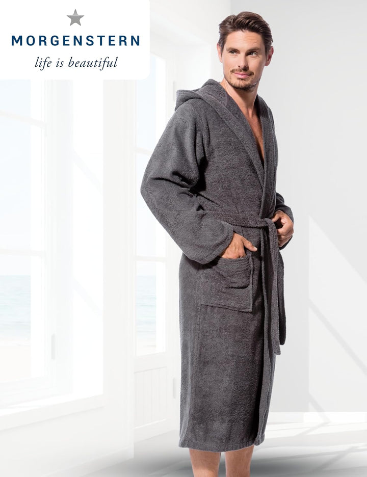 Morgenstern Bademantel Herren Kapuze Frottee 100% Baumwolle Lang Cadiz Salamanca L Grau, L Grau