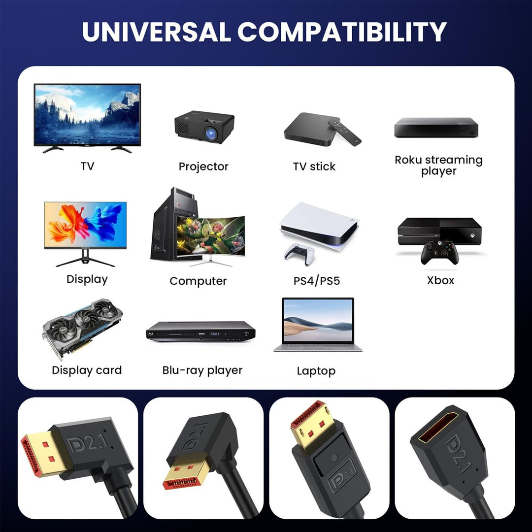 52Gbps DisplayPort 2.1 Extender Kabel, 90 Grad Winkel DP männlich zu weiblich Extension Kabel Unters