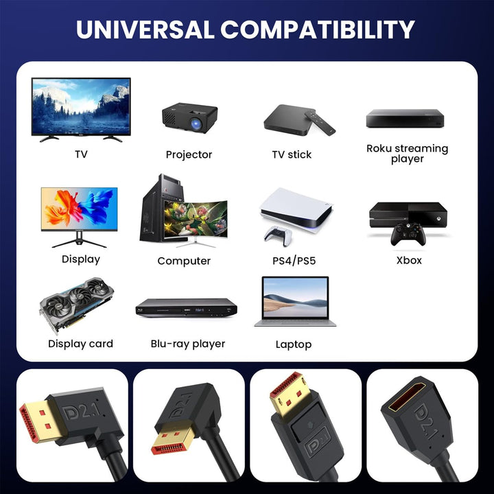 52Gbps DisplayPort 2.1 Extender Kabel, 90 Grad Winkel DP männlich zu weiblich Extension Kabel Unters