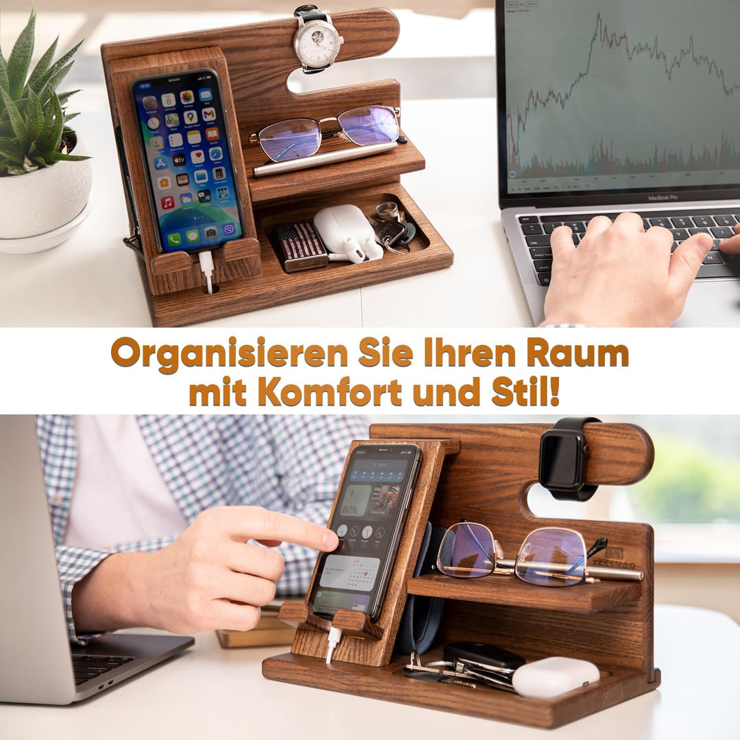 TESLYAR Holz-Telefon-Dockingstation für Männer – Schreibtisch- oder Nachttisch-Organizer – Geburtsta