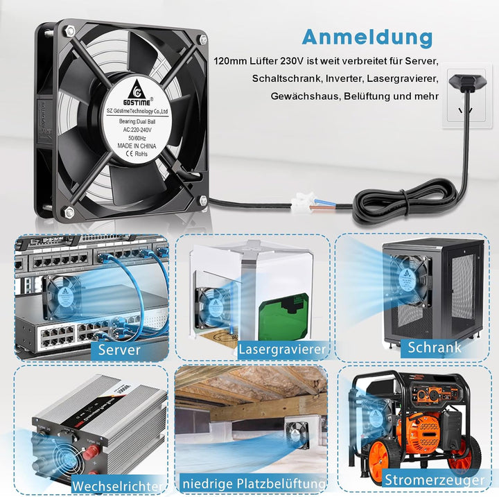 GDSTIME 120mm Lüfter 230V Lüfter 120 x 25mm 220V Lüfter Dual Kugellager AC 240V Bürstenlos Kühlung L
