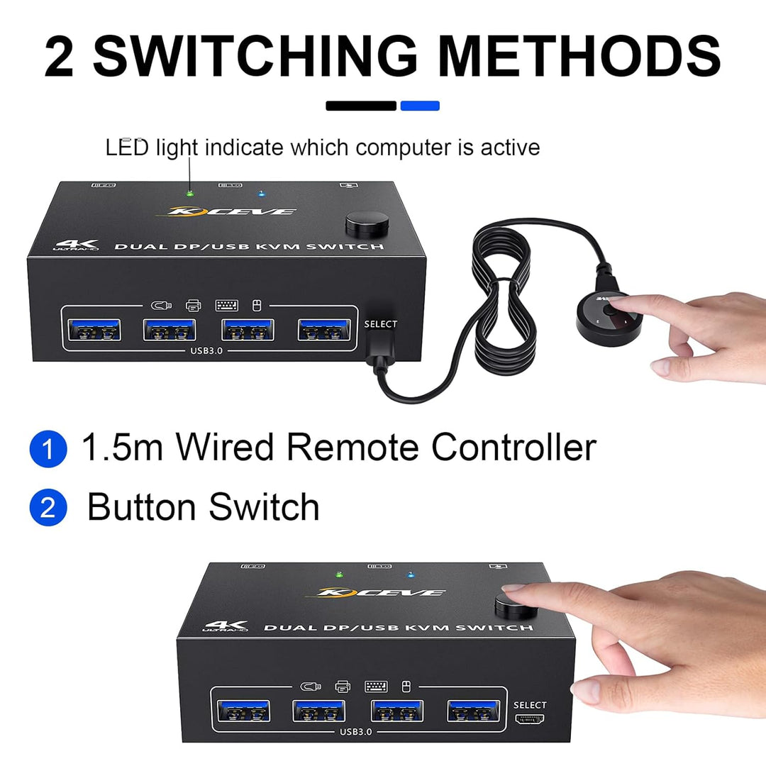 USB 3.0 KVM Switch 2 PC 2 Monitore Displayport, KVM Switch Dual Monitor 4K@144Hz für 2 PC Teilen 4 U