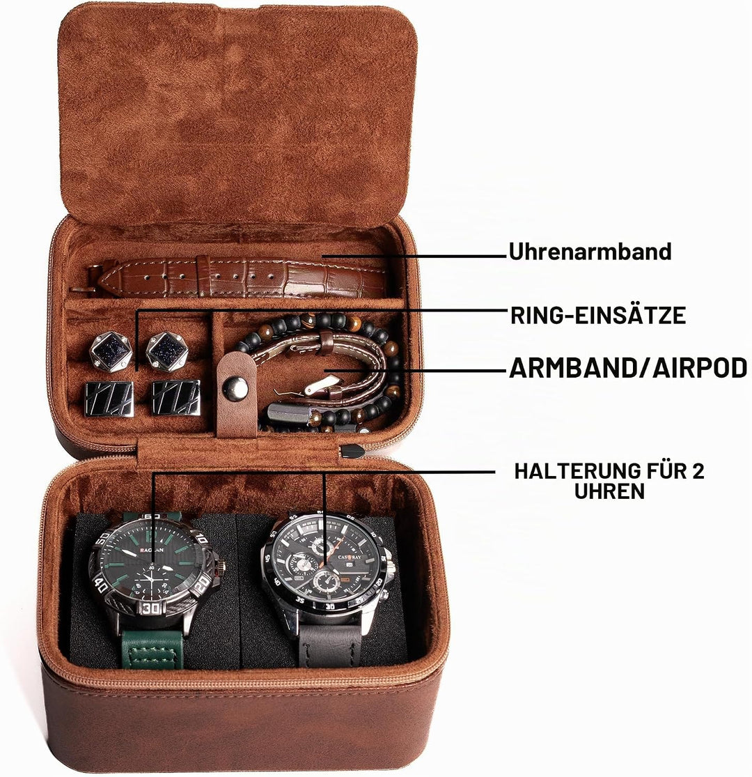 AUKURA Leder-Uhrenetui, Schmuck-Organizer für Reisen und Aufbewahrung, 2-lagiger Organizer (2 Fächer