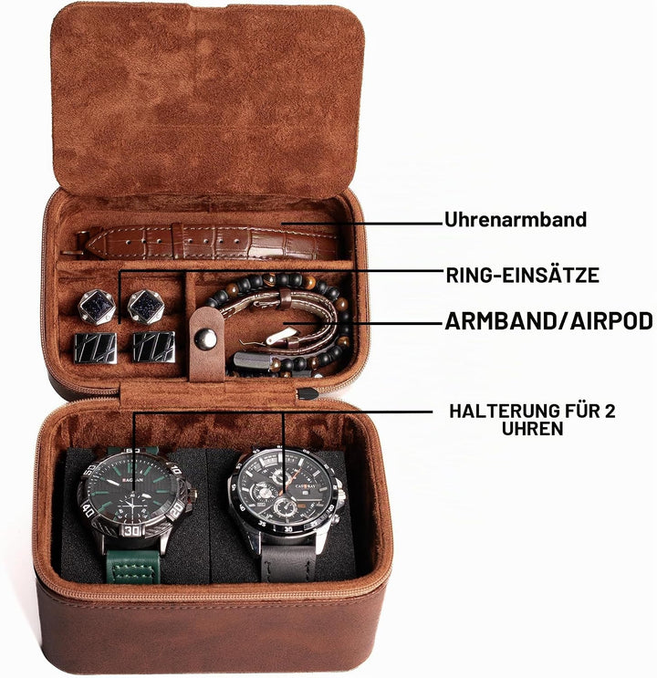 AUKURA Leder-Uhrenetui, Schmuck-Organizer für Reisen und Aufbewahrung, 2-lagiger Organizer (2 Fächer