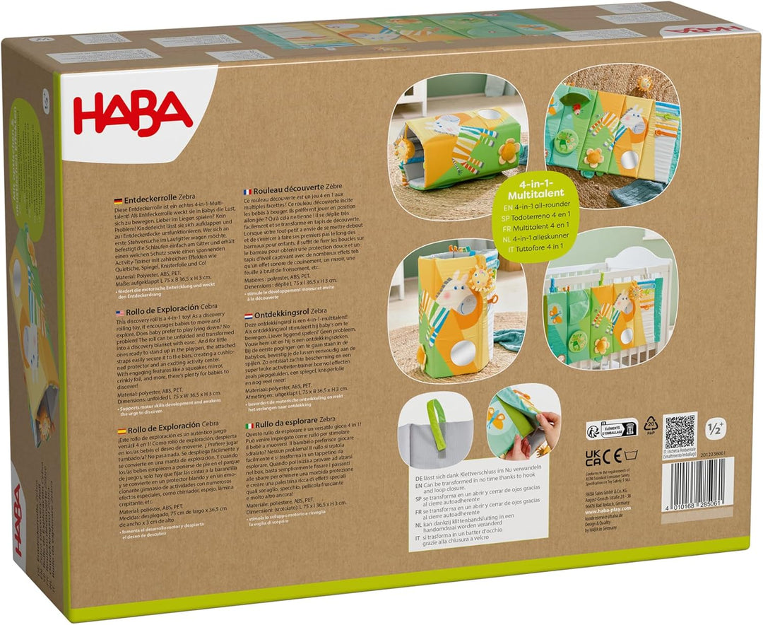 HABA Baby Entdeckerrolle Zebra – Erstes Baby-Spielzeug 4-in-1 Multitalent ab 6 Monaten mit spannende