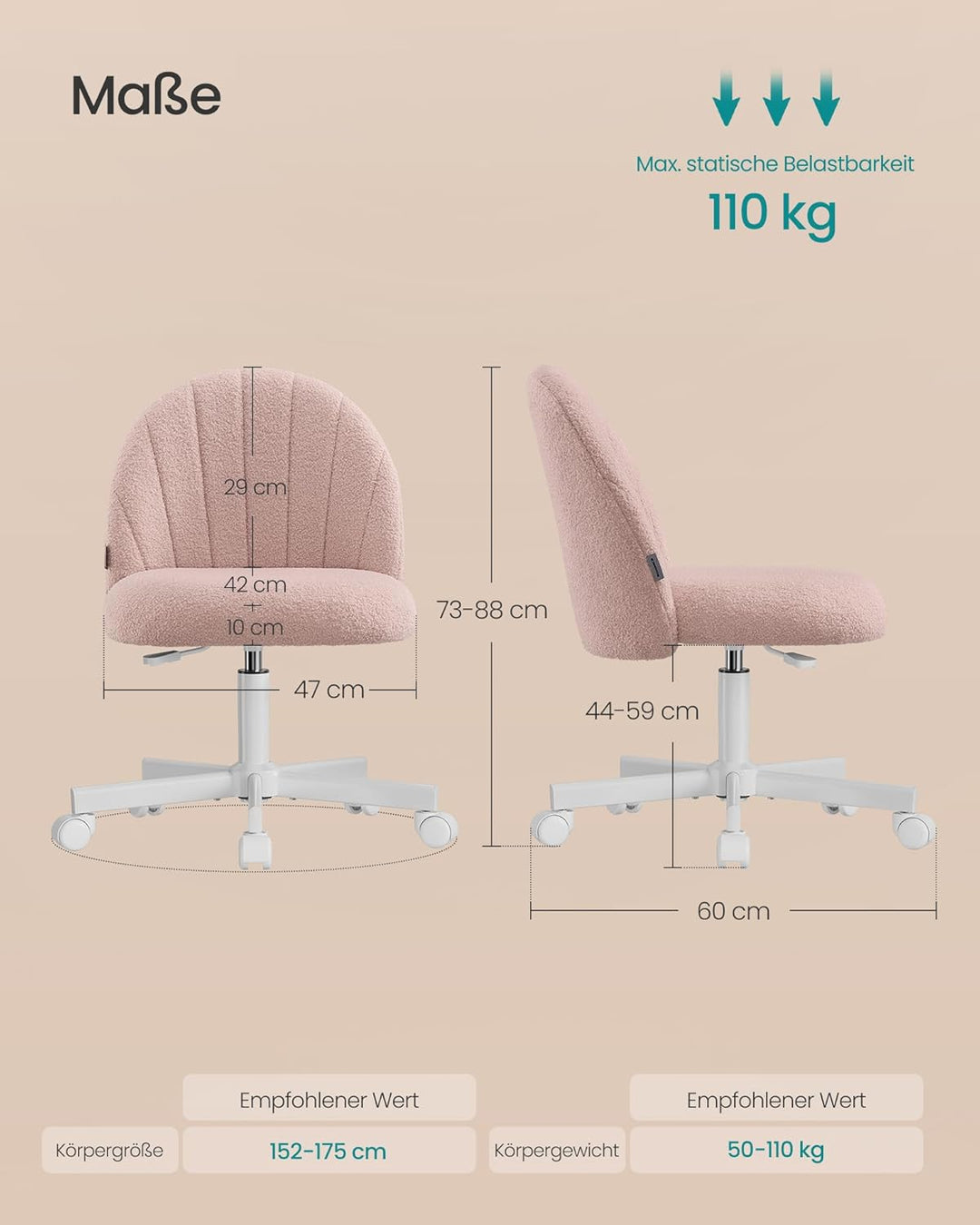 SONGMICS Homeoffice-Stuhl, Schminkstuhl aus Fleece, Schreibtischstuhl, Schaumstoffpolsterung, höhenv