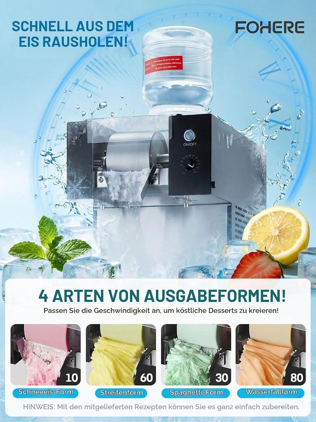 FOHERE Gewerbliche Schnee-Eismaschine 125kg/24h, Edelstahl Bingsu Maschine mit Selbstreinigungsfunkt