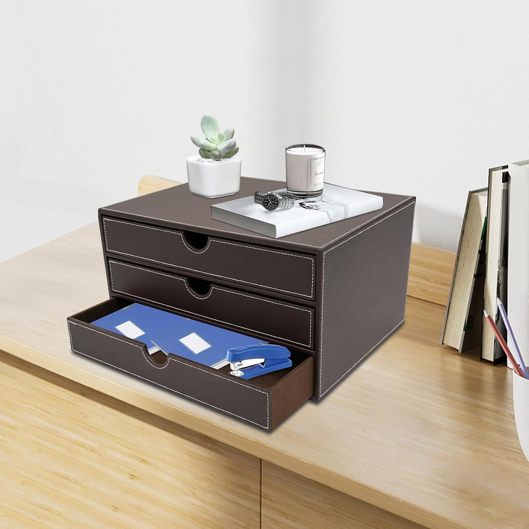Schreibtisch Schubladenbox,3 Tier Aktenordner Pu-Leder,File Storage Organizer FüR BüRos Arbeitszimme