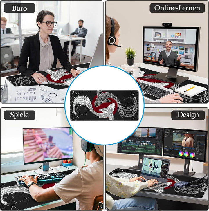Gaming Mauspad,XXL 900x400mm Tai Chi Fischmuster Mauspad,Anime Mousepad für präzise Maussteuerung,St