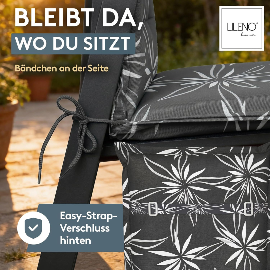 LILENO HOME Gartenstuhl Auflagen als [2er Set - Hochlehner] in Blume Anthrazit-Weiss - Bequeme Liege